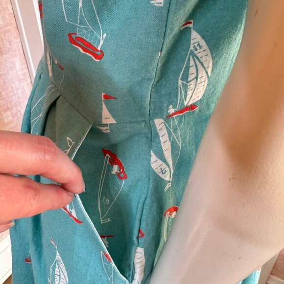 Knitted Dove Blue Retro Sailboat Print Dress sz L - Picture 7 of 12